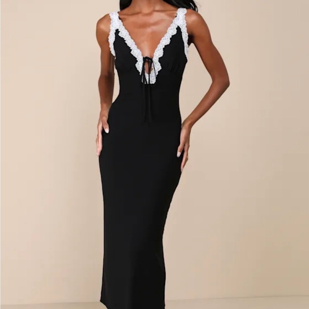 Lulu's Elegant Black Maxi Dress with White Lace